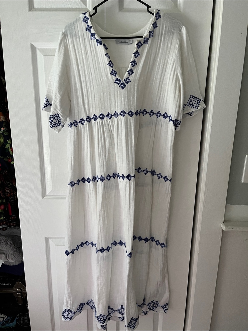 Rae Feather White Mykonos Maxi Dress with Blue Embroidered Trim